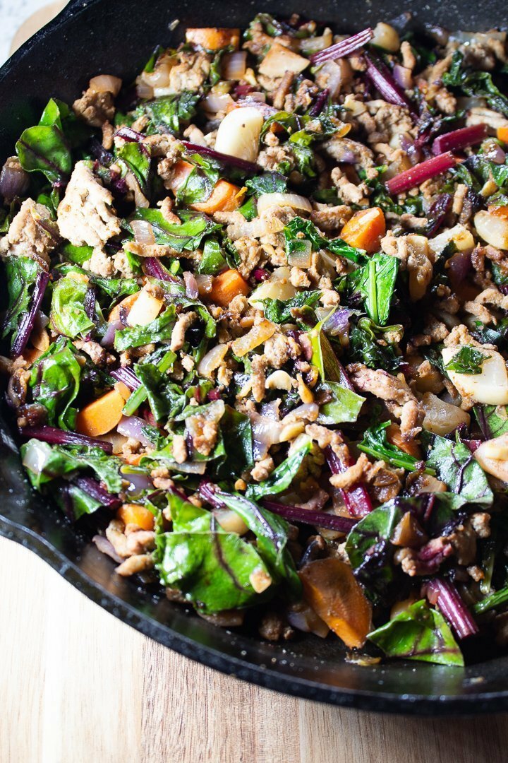 One-Pan Ground Turkey Hash in a cast iron skillet close up