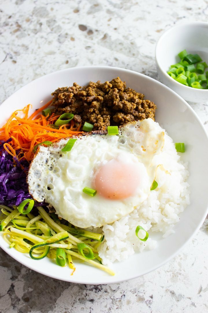 AIP Bibimbap with a fried egg on top.