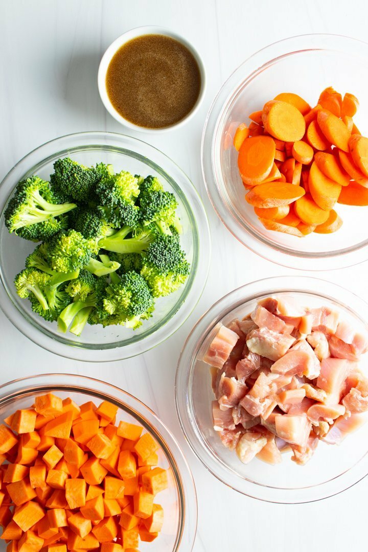 Raw ingredients for Sheet Pan AIP Winter Meal Prep Bowls.