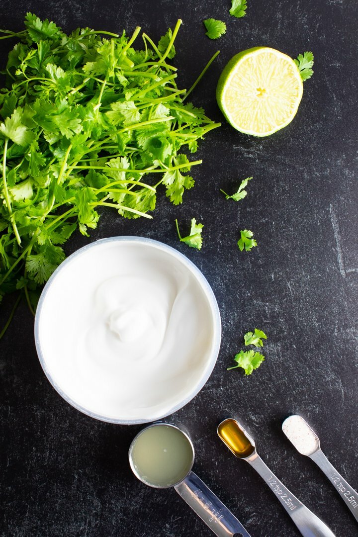 Ingredients for Cilantro Lime Coconut Yogurt Sauce arranged on a textured black background.