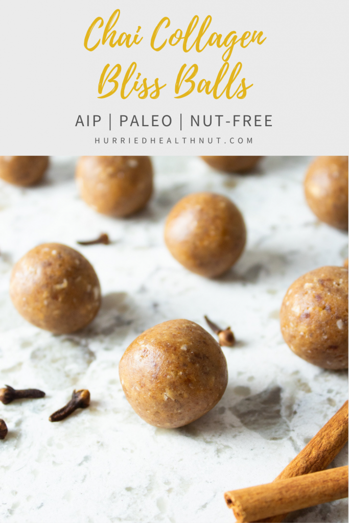 These simple Chai Collagen Bliss Balls are easy to whip up for a tasty fall treat. They're AIP, Paleo, nut-free, and require zero baking! Best of all, they're packed with vital nutrients, protein and fiber for a flavorful treat you can feel good about. #chai #chaispice #chaiblissballs #blissballs #proteinballs #aiptreat #aip