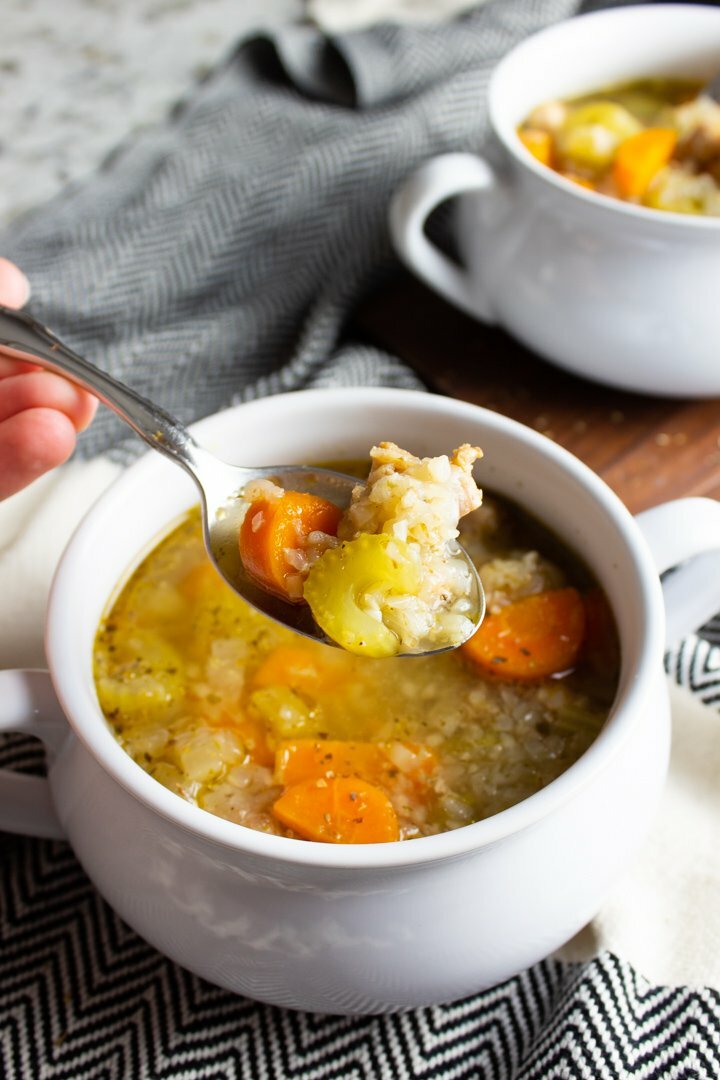 A spoonful of Paleo Chicken and Rice Soup.