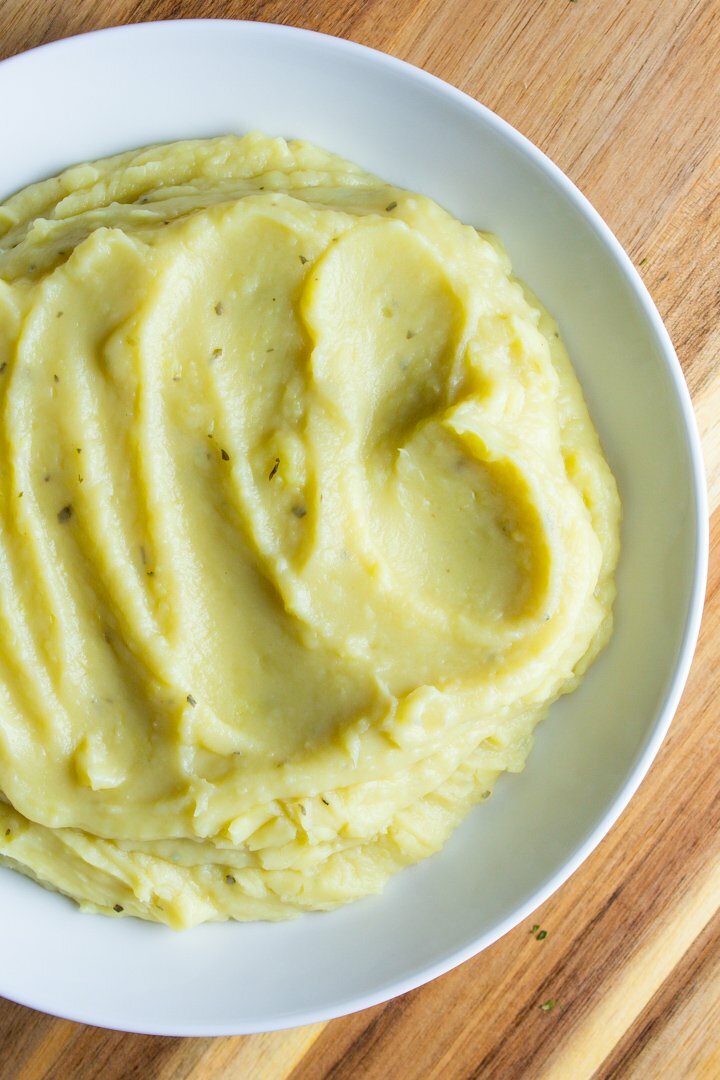 Overhead view of AIP Mashed Potatoes in a white bowl.